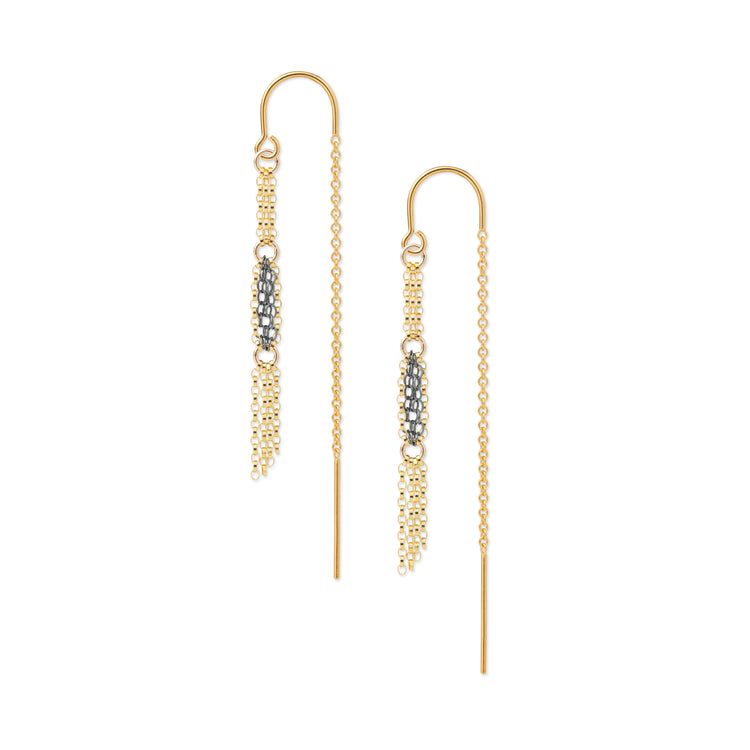 A pair of gold dangle earrings with textured metallic beadwork and small clear stones, shown on a plain white background.