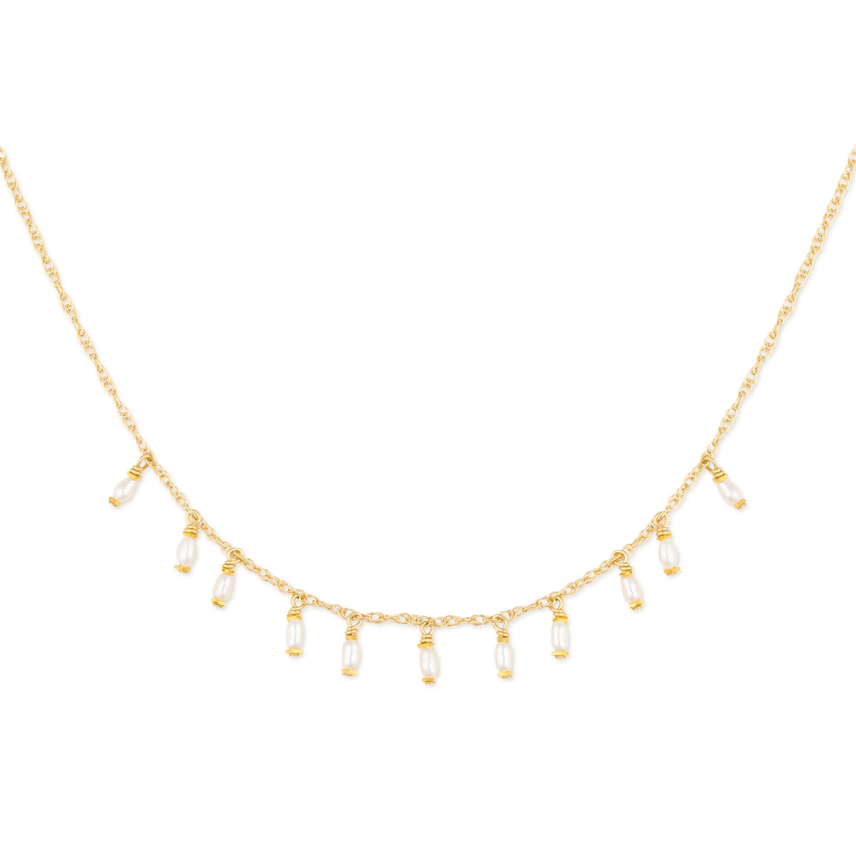 Gold necklace with teardrop-shaped pearls on a white background
