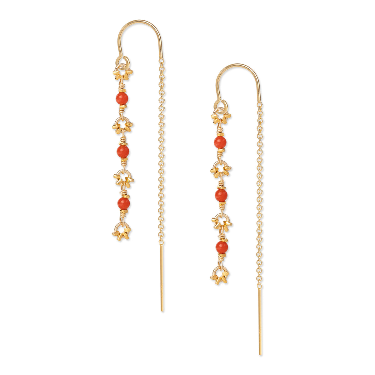 A pair of gold-colored threader earrings featuring red coral beads and gold accents, displayed against a white background.