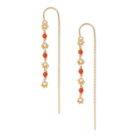 A pair of gold-colored threader earrings featuring red coral beads and gold accents, displayed against a white background.