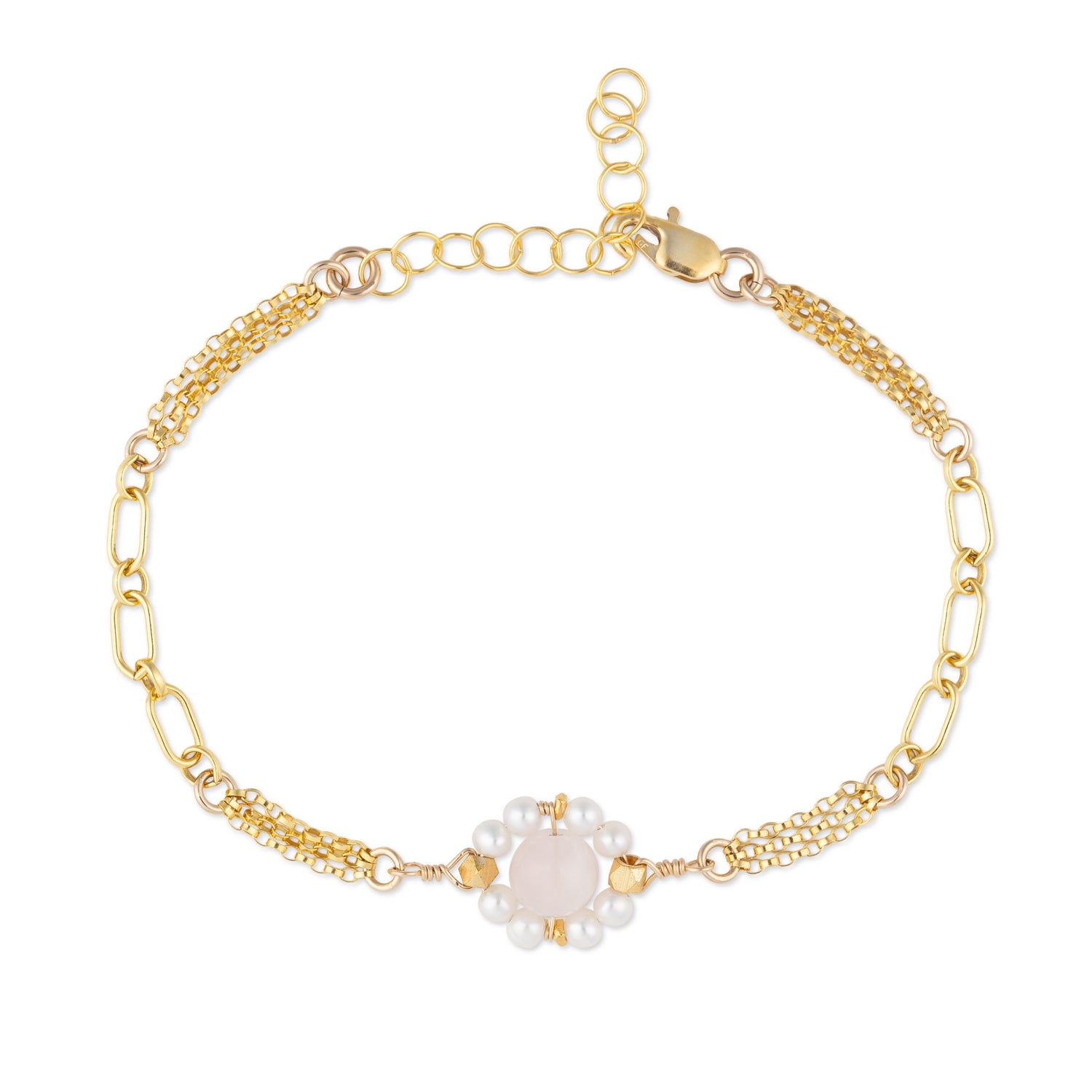Gold bracelet with pearl and rose quartz beads on a white background