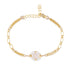 Gold bracelet with pearl and rose quartz beads on a white background