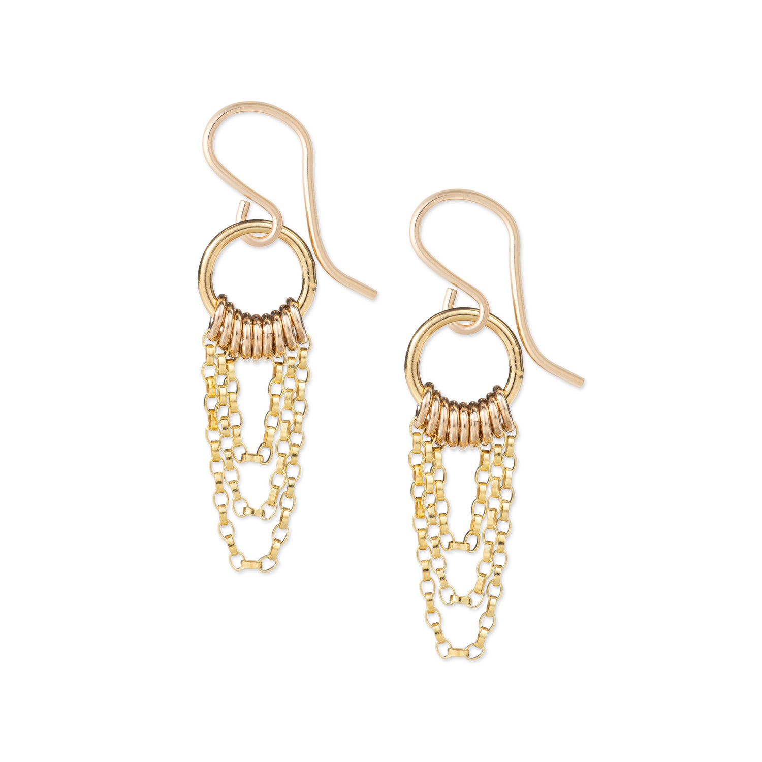 Gold chain earrings on a white background