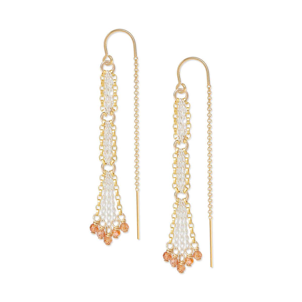 A pair of gold-fill and silver threader earrings with sunstone gemstones, displayed against a white background.