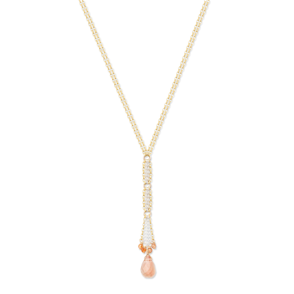 A gold-filled necklace with a sterling silver chain and a sunstone drop accented with smaller sunstone gemstones.