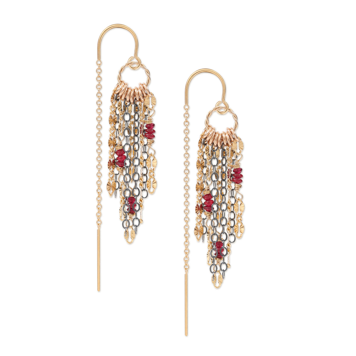 Patterned mixed metal fringe threader earrings with ruby accents 