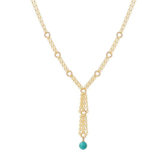 A gold chain necklace featuring a Y-shaped design with small circular links, a textured central drop, and a single round turquoise bead pendant, shown against a plain white background.