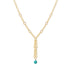 A gold chain necklace featuring a Y-shaped design with small circular links, a textured central drop, and a single round turquoise bead pendant, shown against a plain white background.