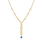 A gold chain necklace featuring a Y-shaped design with small circular links, a textured central drop, and a single round turquoise bead pendant, shown against a plain white background.