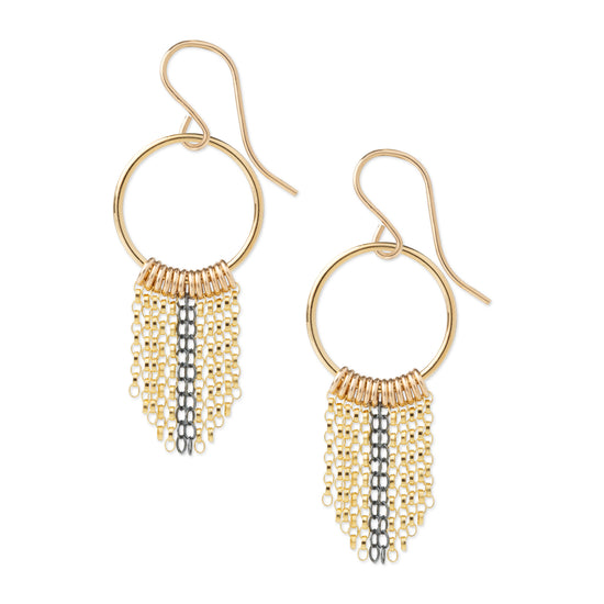 A pair of gold-tone dangle earrings with circular hoops and cascading bead fringe, featuring a central silver-tone vertical bead stripe on a white background.