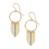 A pair of gold-tone dangle earrings with circular hoops and cascading bead fringe, featuring a central silver-tone vertical bead stripe on a white background.