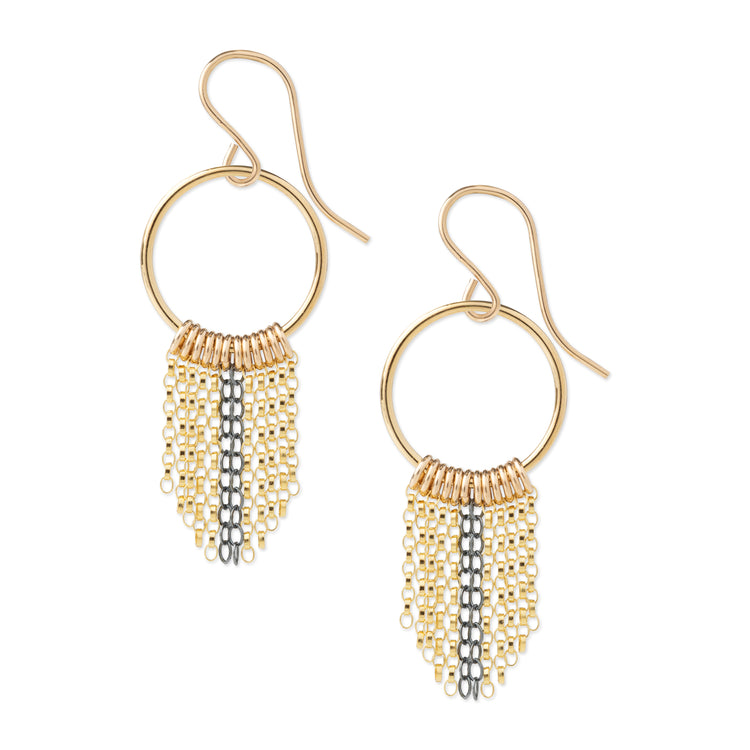 A pair of gold-tone dangle earrings with circular hoops and cascading bead fringe, featuring a central silver-tone vertical bead stripe on a white background.