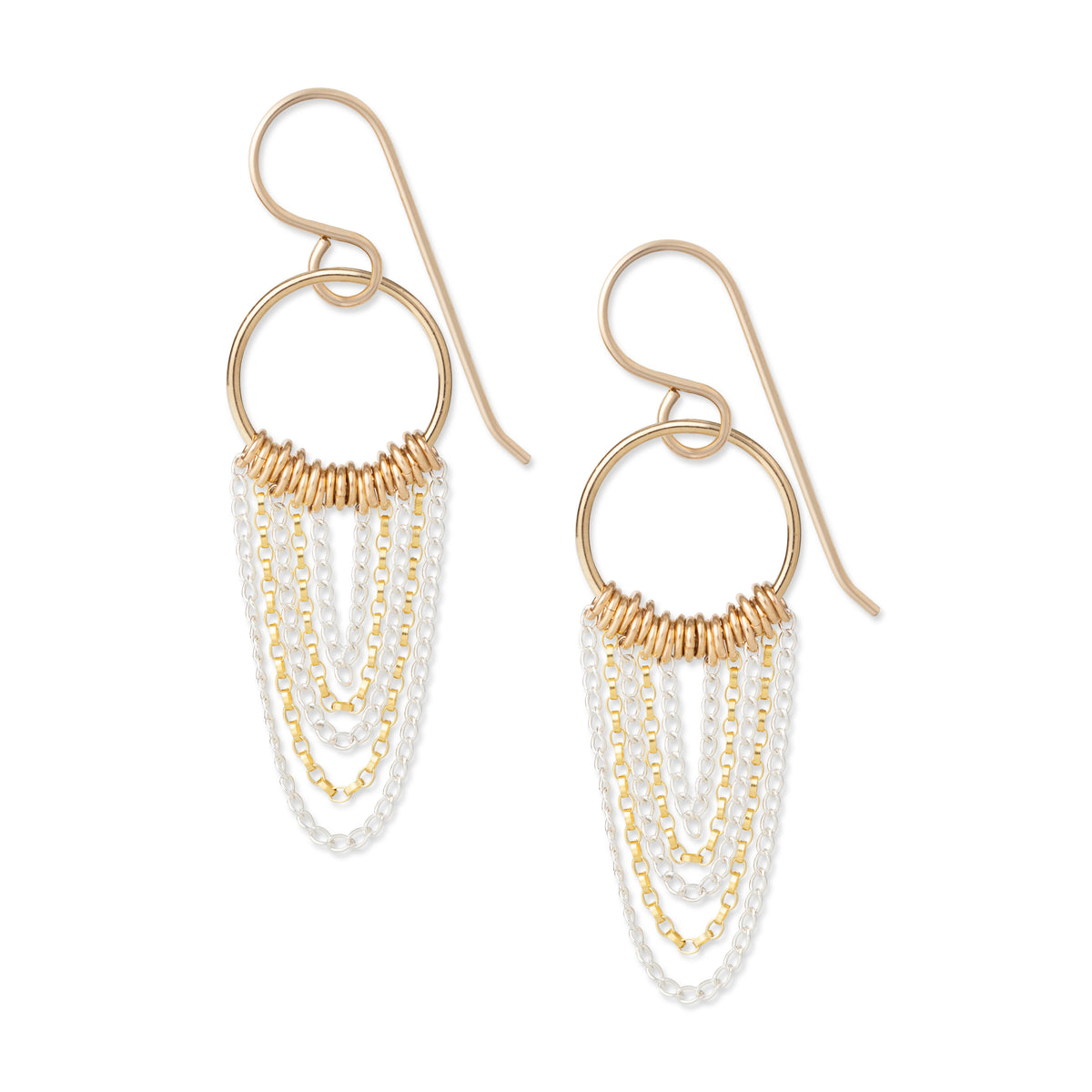 A pair of earrings featuring draped gold-fill and sterling silver chains on a white background 