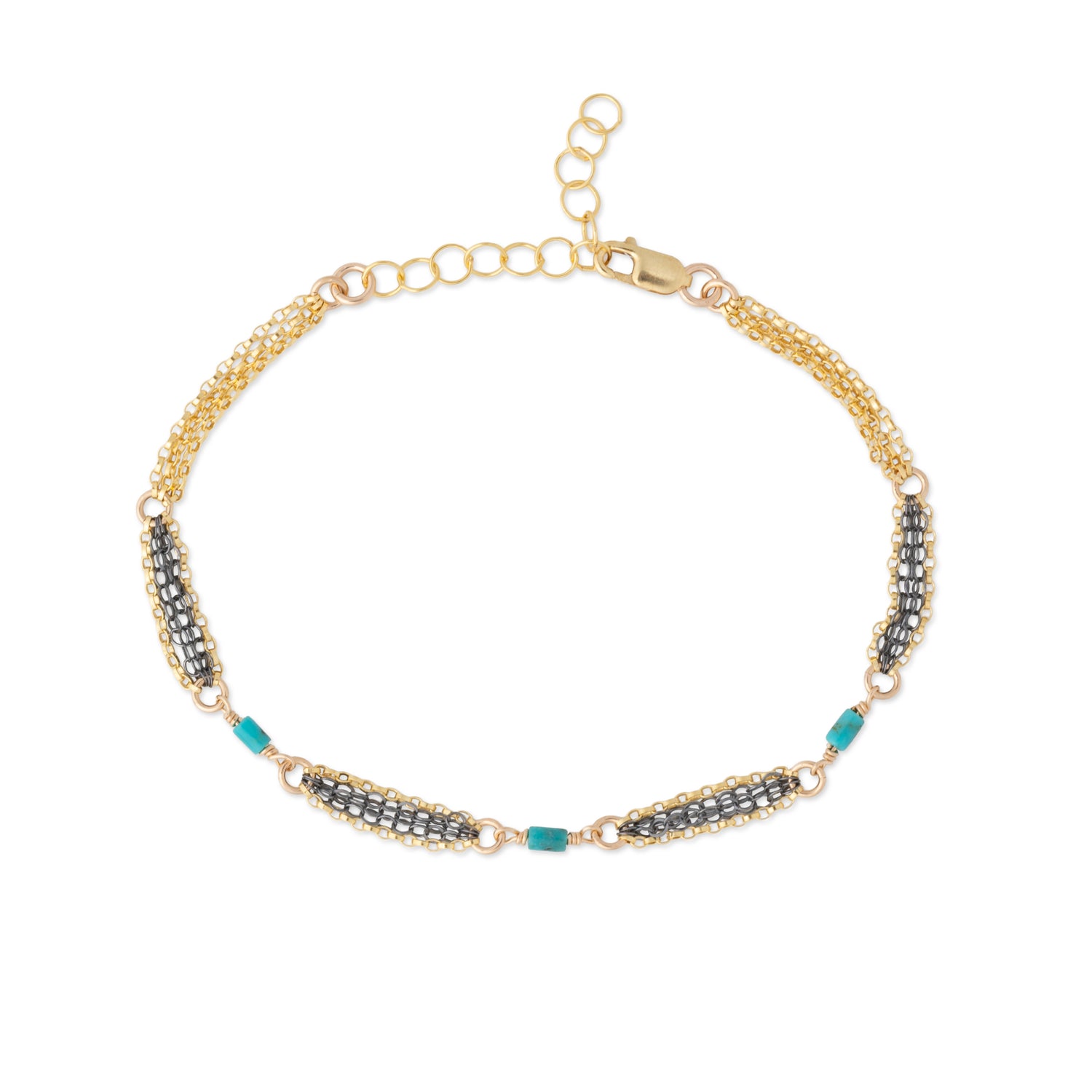 A gold chain bracelet featuring three horizontal rows of oxidized silver chain, accented with turquoise blue beads, displayed on a clean white background.