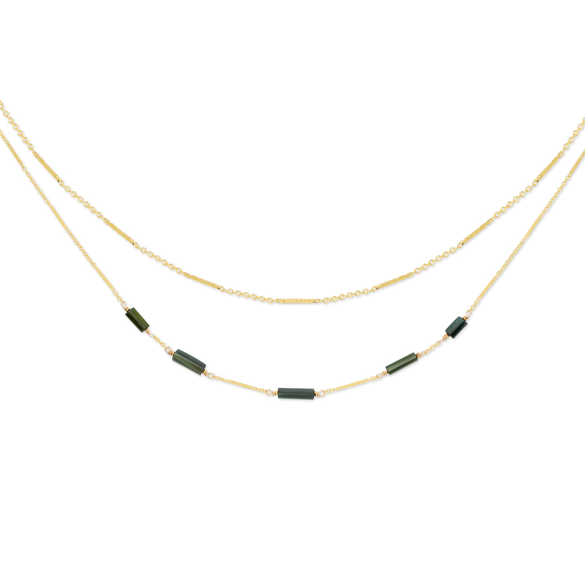 Linda double-stranded gold necklace with a bar and link chain, accented with green tourmaline stones, shown on a white background.