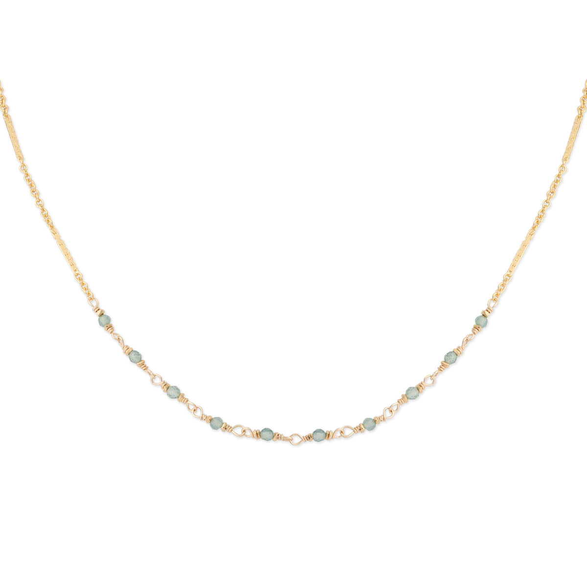The Alexis Blue 16-inch 14K gold-fill bar and link chain necklace featuring faceted blue tourmaline gemstones and a 2-inch extender, shown on a white background.