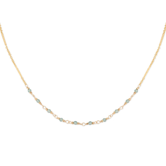The Alexis Blue 16-inch 14K gold-fill bar and link chain necklace featuring faceted blue tourmaline gemstones and a 2-inch extender, shown on a white background.