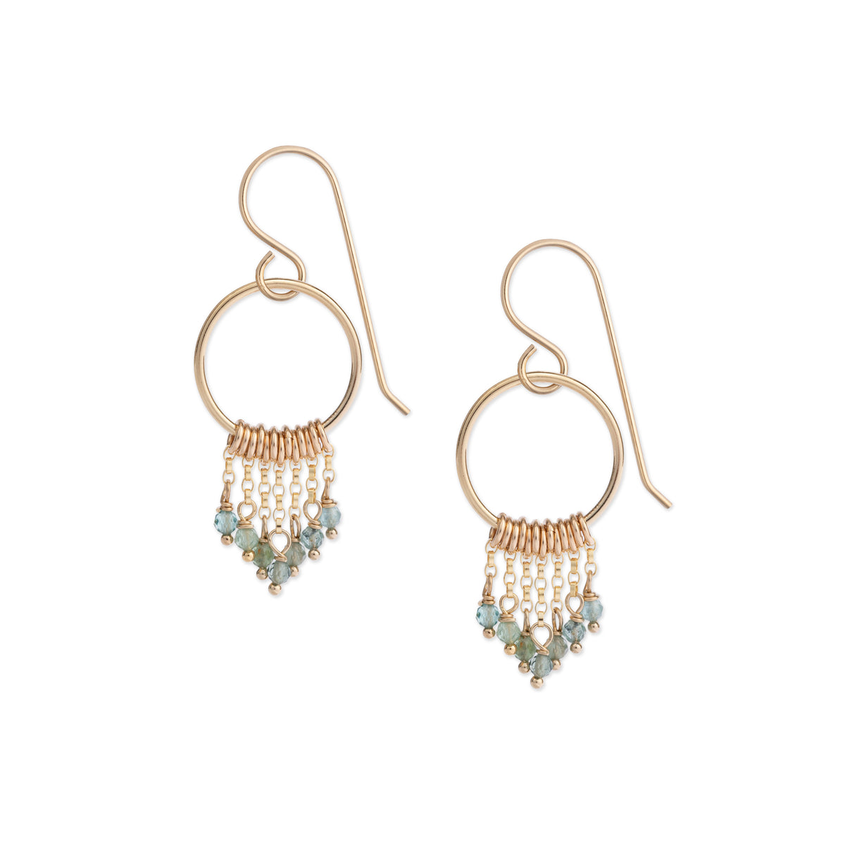 The Aria 1-inch elegant and light petite gold fringe earrings, delicately embellished with tiny faceted sky blue tourmaline gemstones, shown on a white background.